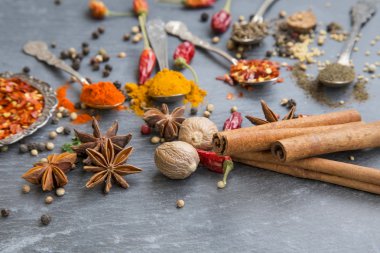 Baharat toz ve tohum, biber pul, küçük hindistan cevizi ve cinnam yemek