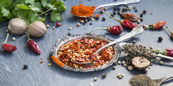 Spezie da cucina in polvere e semi, scaglie di peperoncino, noce moscata e cinnam — Foto Stock