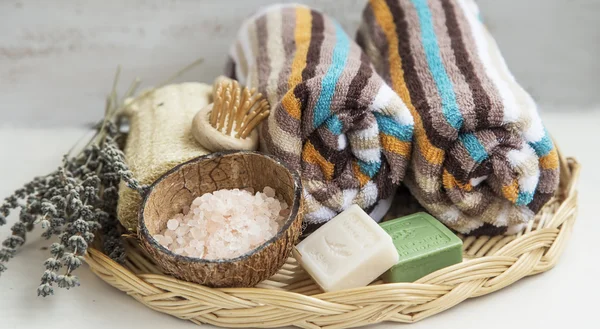 Spa products with towels,bath salt and marseille soaps — Stock Photo, Image