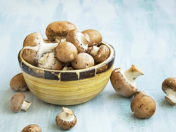 Verse champignon, champignons in een houten kom — Stockfoto