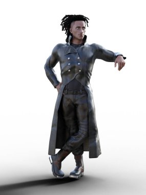 Uzun siyah deri ceketli Afro-Amerikalı adam.