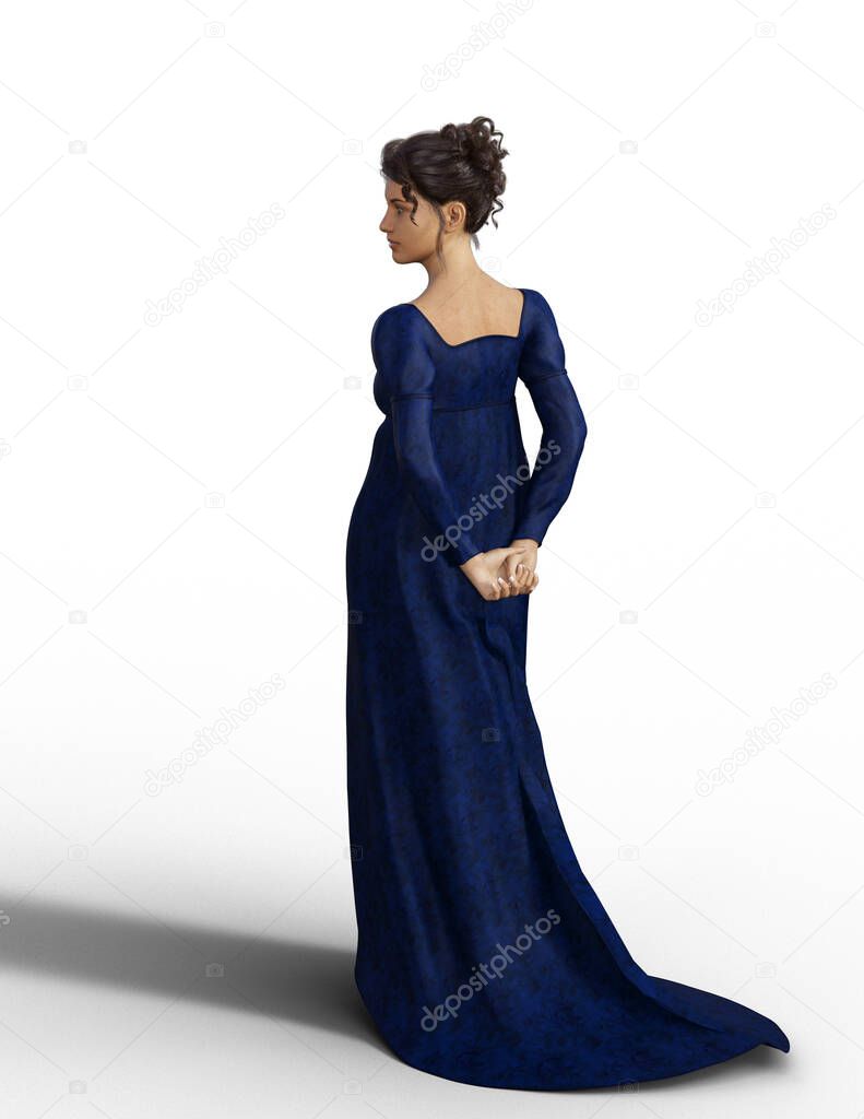 Regency era woman dark blue gown