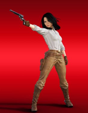 Asyalı kovboy kız nişan alıyor.