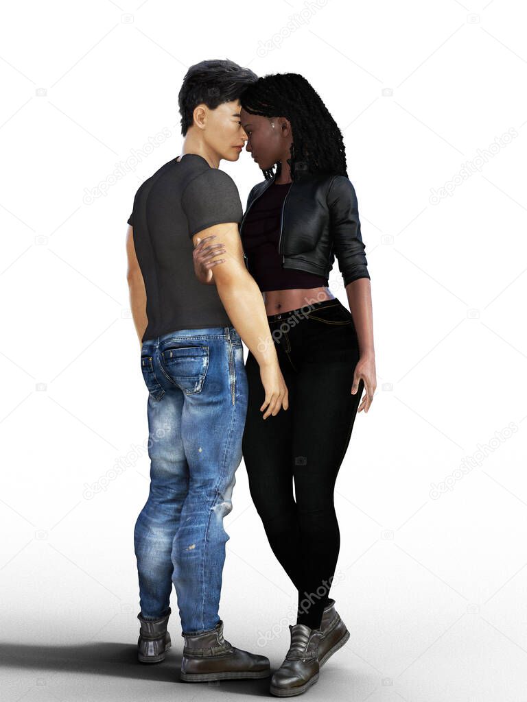 Interracial couple standing lovers