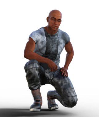 Orta yaşlı, çömelmiş Afro-Amerikalı bir adam.