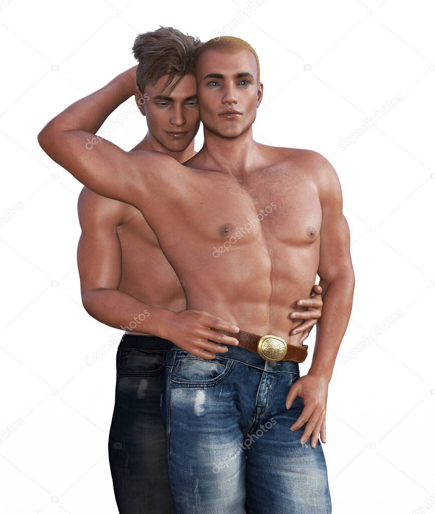 Gay men pose embrace