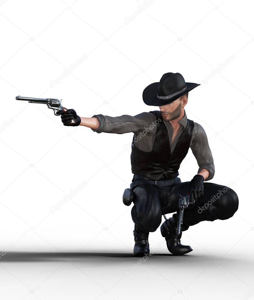 Cowboy taking aim squatting illustration