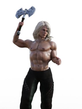 Gümüş saçlı baltalı üstsüz Viking savaşçısı.