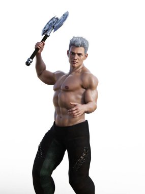 Gri saçlı ve baltalı üstsüz bir savaşçı.