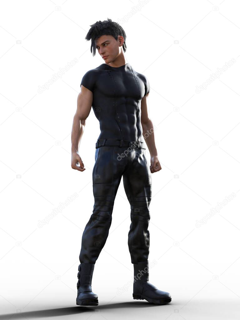 Fit strong man in black standing fists clenched