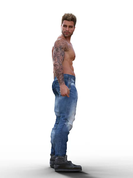 Tatuado Sin Camisa Sexy Hombre Pie Ilustración —  Fotos de Stock