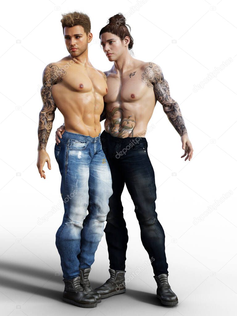 Urban contemporary shirtless tattooed gay men standing watching