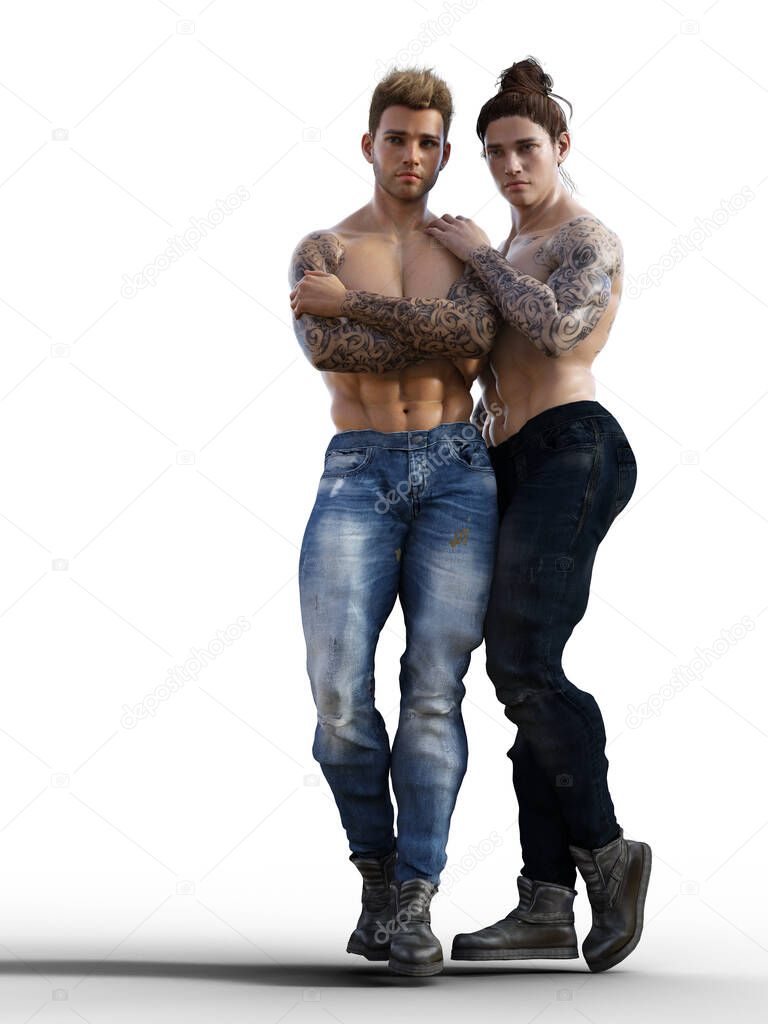 Erotic gay couple standing together illustration