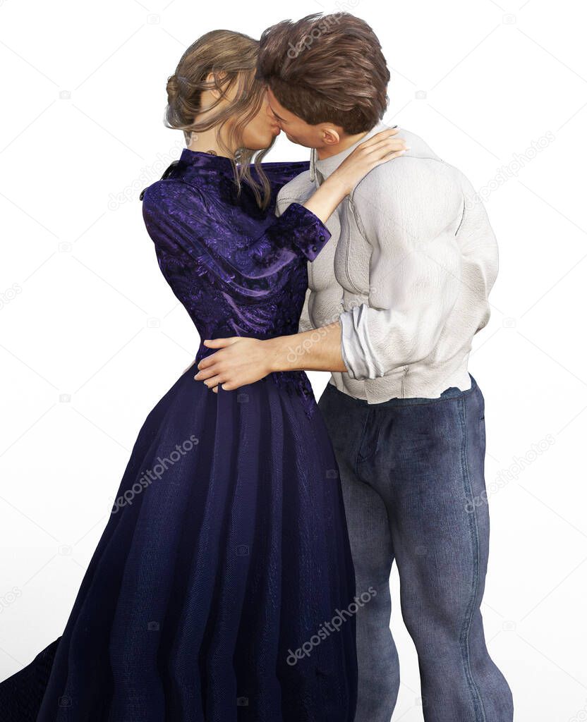 Victorian couple kissing in an embrace