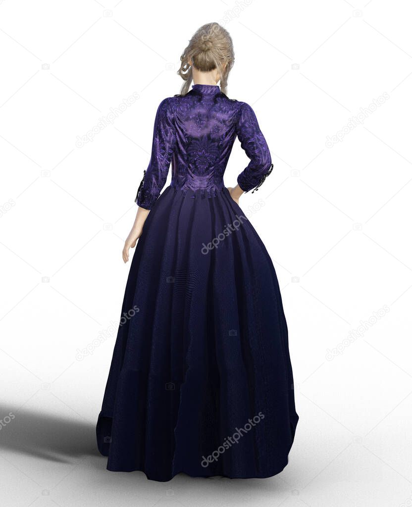 back view of victorian woman in purple gown