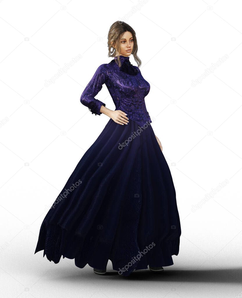 victorian woman in long purple gown
