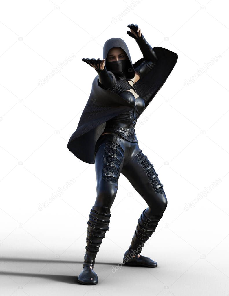 Powerful female assassin in black leather