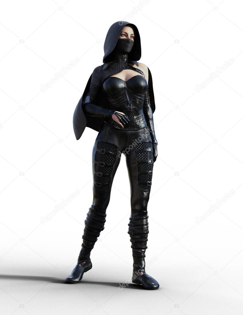 Sexy female assassin in black leather