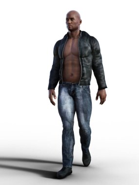 Deri ceketli seksi Afrikalı kaslı adam.