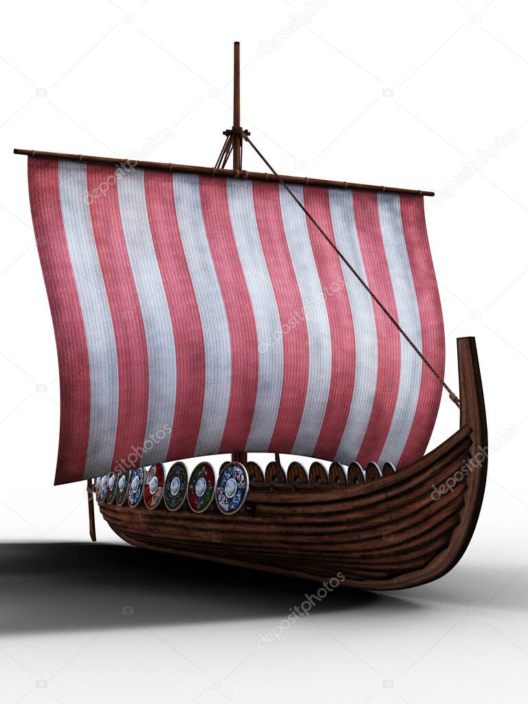 Viking ship full sails on white background