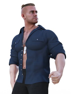 Künyeli ve açık tişörtlü seksi sert adam.