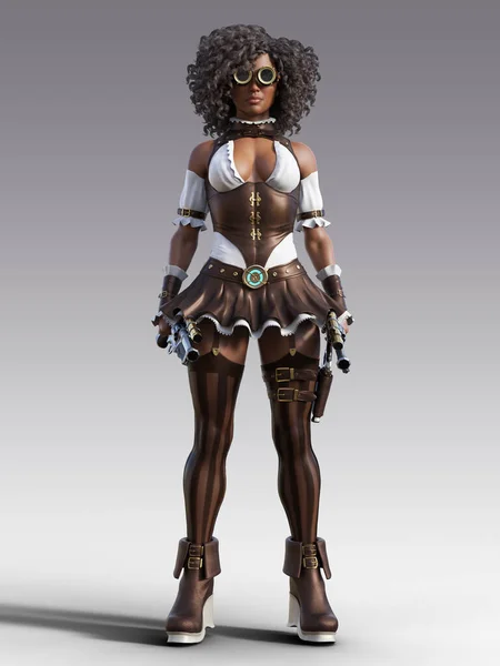 African Steampunk Woman Standing Guns Her Sides Illustration — Stock Photo, Image