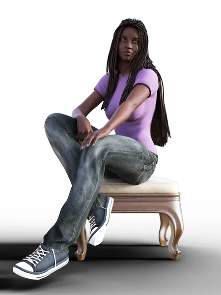 Afrykańska Dziewczyna Siedzi Stołku Ilustracja — Zdjęcie stockowe