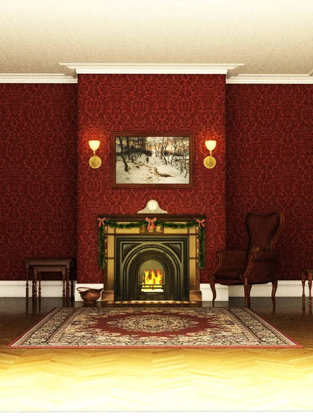 Historical Holiday Vintage Interior Fireplace Illustration — Stock Photo, Image