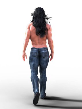 Uzun saçlı, gömleksiz bir adamın arka planı.