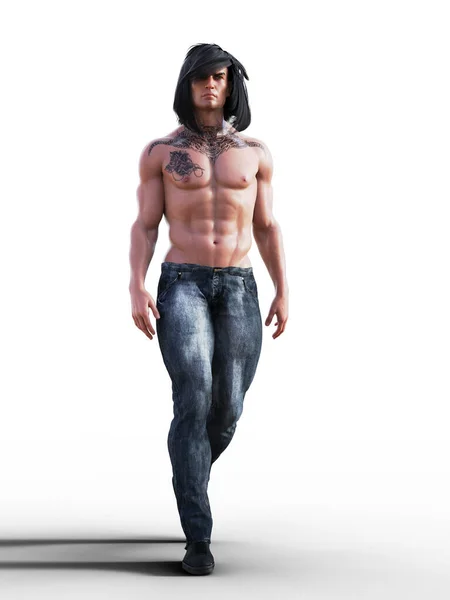 Sexy Long Haired Shirtless Man Standing Jeans Tattoos — Stock Photo, Image