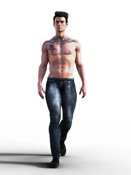 Sexy Mann Mit Kurzen Schwarzen Haaren Jeans Und Ohne Hemd — Stockfoto
