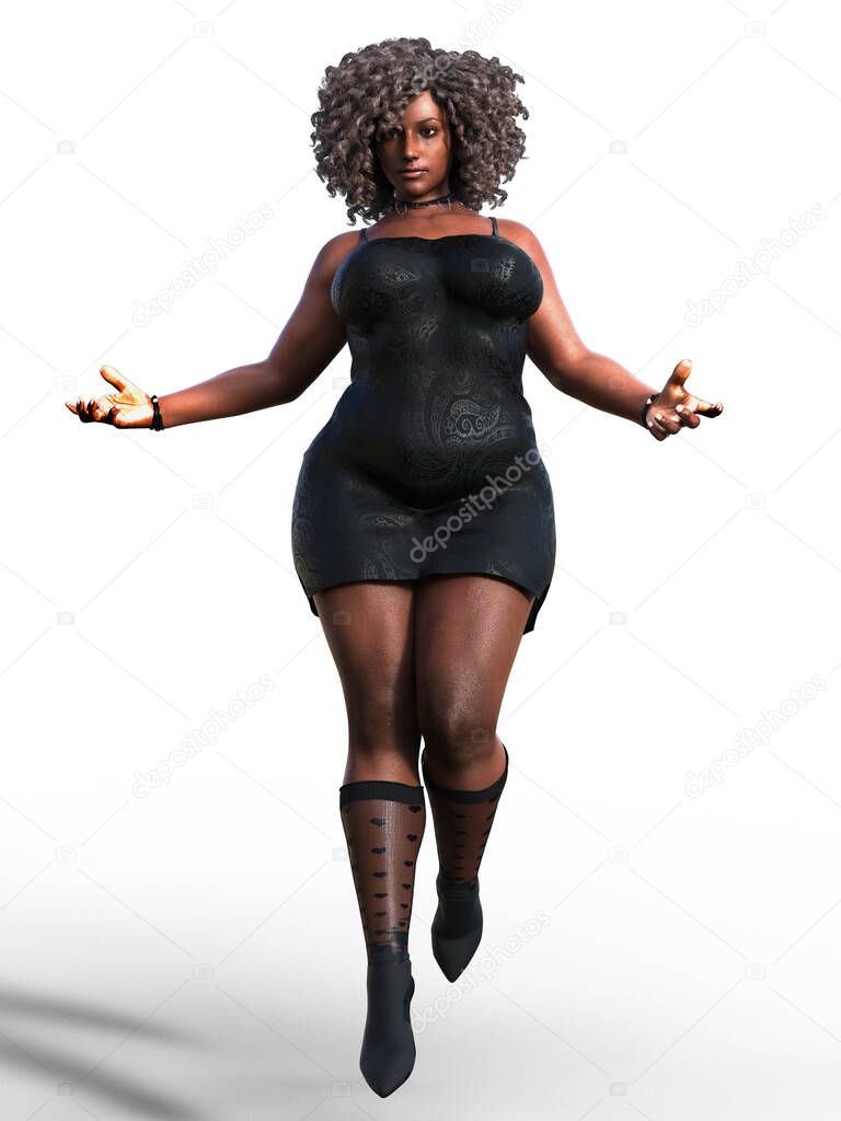 Plus size african magic user woman in sexy black dress illustration