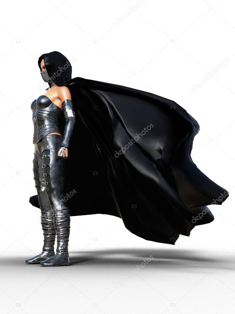 Side view of sexy african assassin woman with flowing cloak