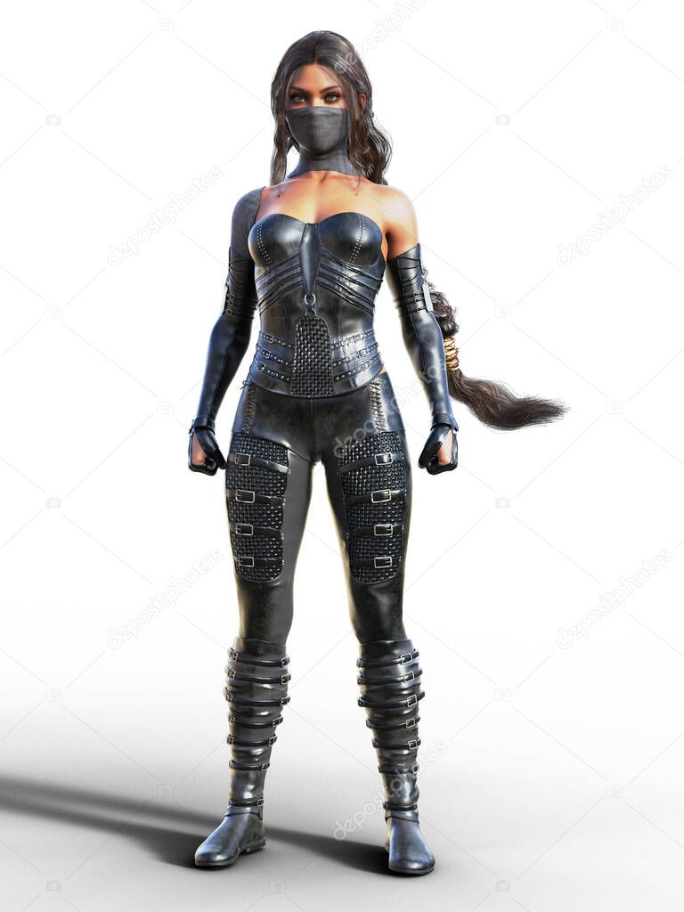 African Assassin woman in leather with long braid