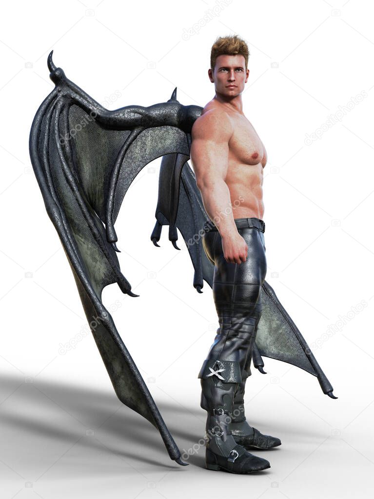Side view of blond caucasian daemon man standing with leather wings