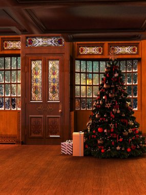 Noel ağacı ve pencereli iç mekan çizimi