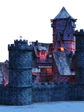 Ortaçağ ahşap kalesi ve köy illüstrasyonunun tam görüntüsü