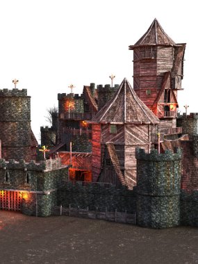 Ortaçağ ahşap kalesi ve köy illüstrasyonunun tam görüntüsü