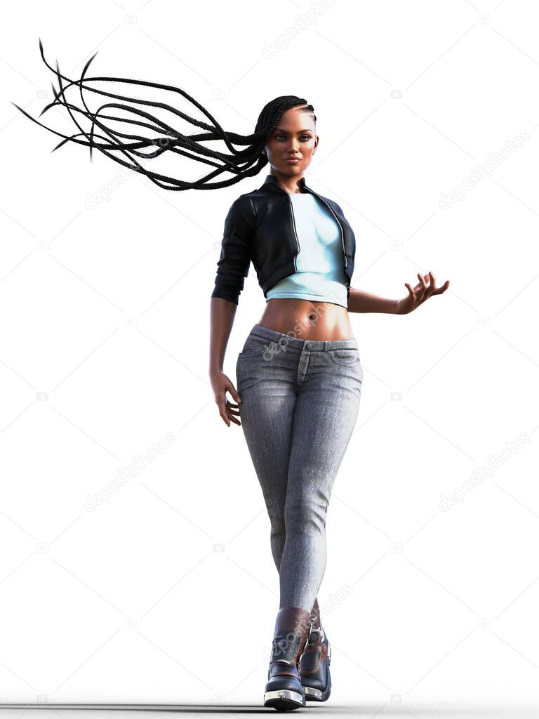 African magic woman with long braids flying in wind