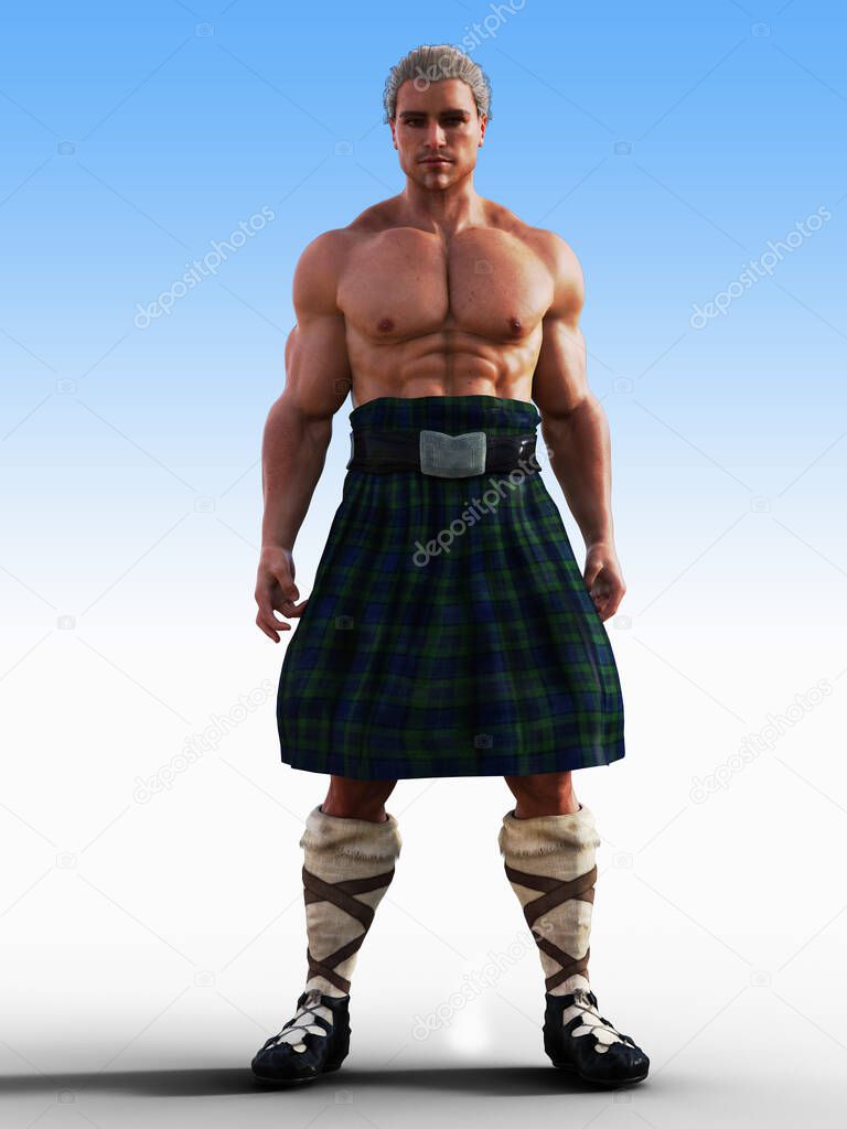 Strong Scottish Highlander shirtless in kilt illustration