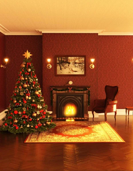 Sala Navidad Con Ilustración Árbol Chimenea —  Fotos de Stock