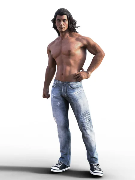 Older Sexy Shirtless Man Jeans Render Illustration — Stock Photo, Image