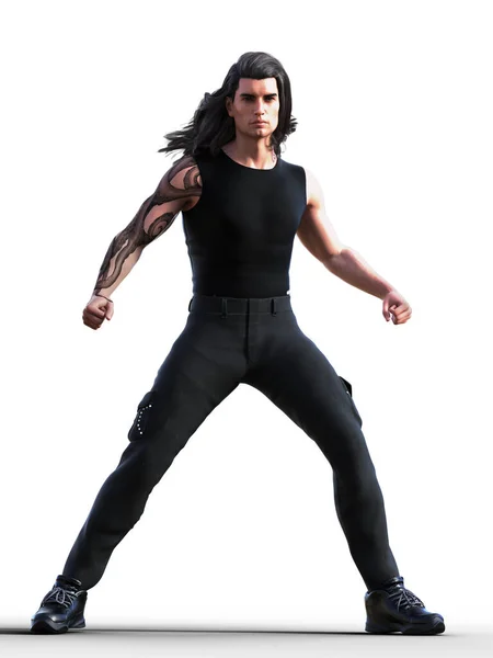 Long Hair Fantasy Man Illustration Poised Battle — Stock Photo, Image