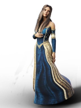 Ortaçağ kadını, uzun düz saçlı, camelot elbiseli 