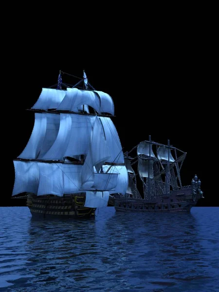 Nautische Piratenschiffe Auf Dunklem Wasser Illustration — Stockfoto