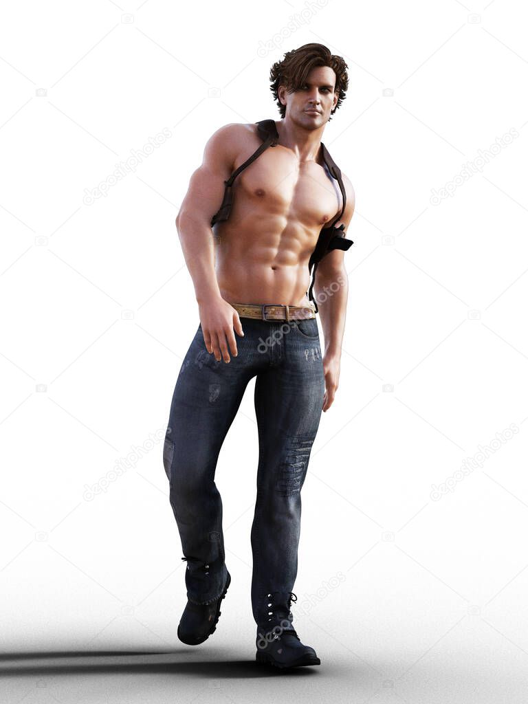 Sexy shirtless muscular cop illustration