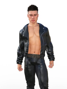 Açık siyah deri ceketli bir adam.