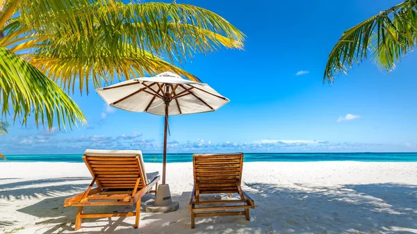 马尔代夫群岛上有蓝色海水 海滩绵延无尽 软绵绵的白色沙滩 豪华的水别墅 直椰树 美丽的日落和日出 奢华暑假的概念 — 图库照片