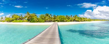 Uzun iskeleli güzel tropik Maldivler adası. Cennet sahili denizi ve mavi gökyüzünde hindistan cevizi palmiyesi tatil konsepti için. Lüks yaz gezisi, çift inzivası, egzotik seyahat manzarası.