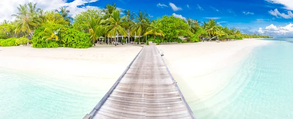 Gyönyörű Trópusi Maldív Szigetek Hosszú Mólóval Paradicsom Strand Tenger Kókusz — Stock Fotó